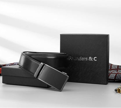 Founders & C Men's Ratchet Belt 1 3/8",Leather Dress Belt Adjustable with Click Sliding Buckle Trim to Exact Fit