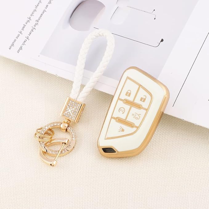 PIFOOG for Cadillac Key Fob Cover CT5 CT4 CT4-V Accessories 5 Buttons Soft TPU Car Smart Keys Shell Case Protector Full Covers Bling Keychain Lanyard Girly Women Cute White Gold