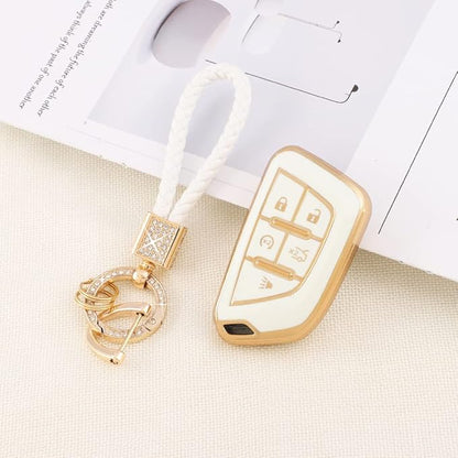PIFOOG for Cadillac Key Fob Cover CT5 CT4 CT4-V Accessories 5 Buttons Soft TPU Car Smart Keys Shell Case Protector Full Covers Bling Keychain Lanyard Girly Women Cute White Gold