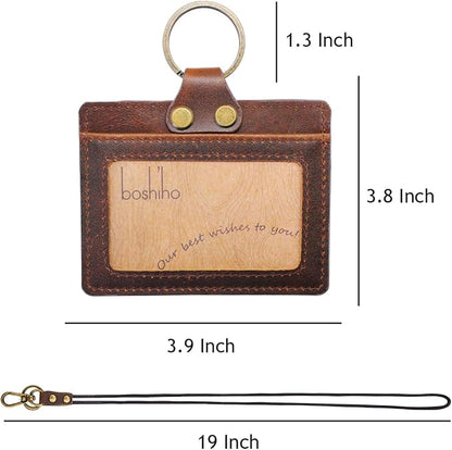 Badge Holder: Boshiho Cowhide Leather ID Badge Card Holder with 19" Neck Lanyard, Horizontal Style (Dark Brown)