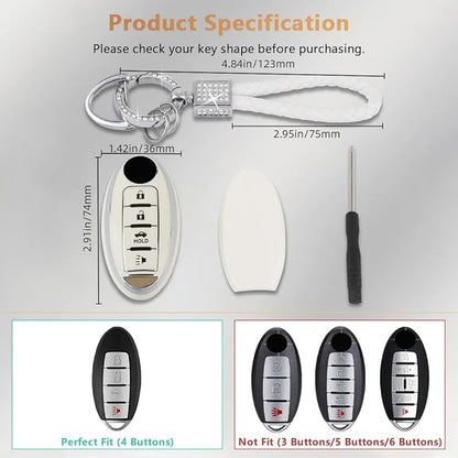 PIFOOG Key Fob Cover for Nissan 4 Button Murano Sentra Altima Rogue Kicks Armada Pathfinder Car Accessories TPU Smart Keys Case Shell Cute Bling Keychain Girly Women White