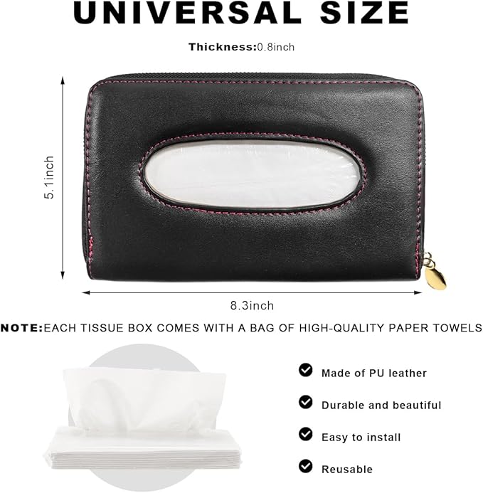 Car Tissue Holder, Sun Visor Napkin Box Premium PU Leather Tissue Case with Zipper, Rectangular Hanging Paper Organizer Mask Dispenser for Sedans SUVs Trucks, Car Accessories (Black)