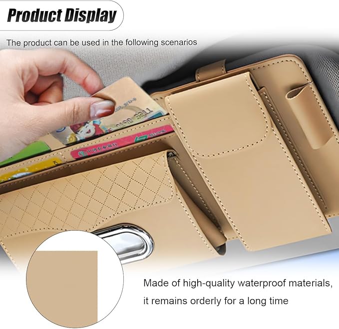 ZIMISI Leather Car Visor Organizer, Sun Visor Storage Bag, Car Tissue Holder, Multi-Pocket Document Holder, Vehicle Travel Accessories for Pen, License, Cards, Sunglasses, Tissues (Khaki)
