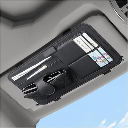 Car Sun Visor Organizer, Leather Multi Pocket Vehicle Visor Storage Pouch for Sunglasses Card License, Multifunctional Auto Interior Organization Accessories, Universal Fit (Black)
