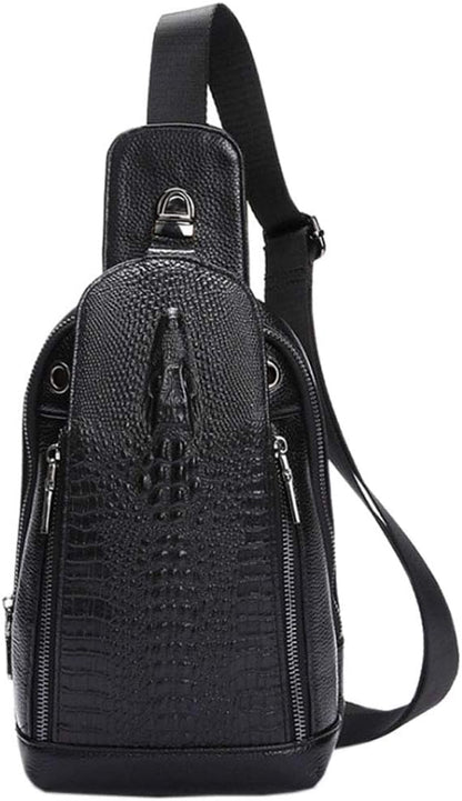 Hebetag Crocodile Genuine Leather Sling Chest Bag for Men&Women Travel Outdoor Hunting Hiking Camping Crossbody Shoulder Pack Pouch Backpack Daypack Black