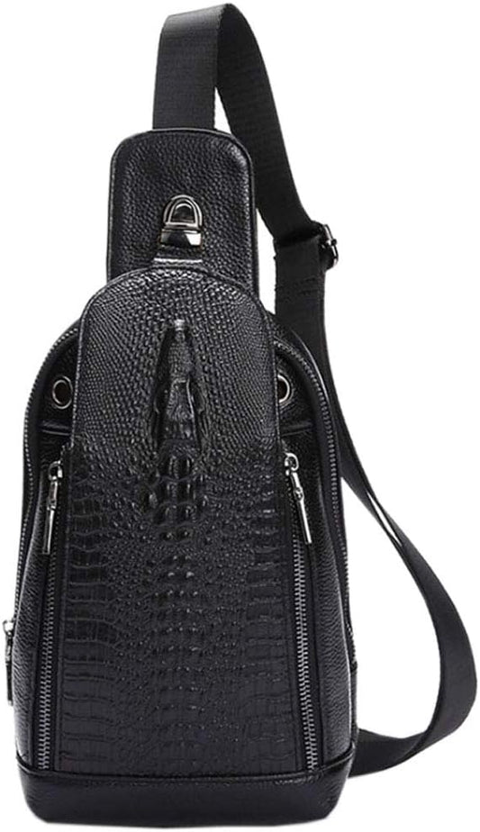 Hebetag Crocodile Genuine Leather Sling Chest Bag for Men&Women Travel Outdoor Hunting Hiking Camping Crossbody Shoulder Pack Pouch Backpack Daypack Black
