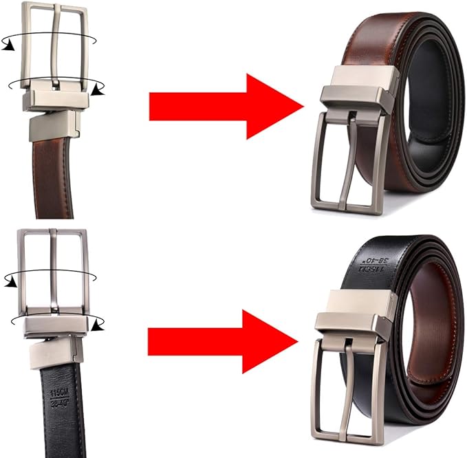 beltox fine Men's Dress Belt Leather Reversible 1.25" Wide Rotated Buckle Gift Box