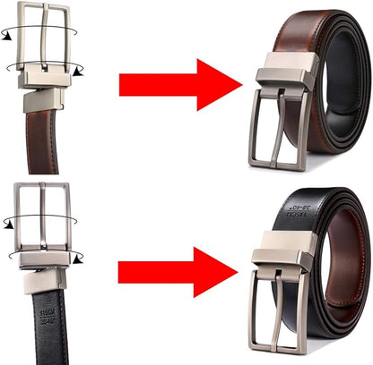 beltox fine Men's Dress Belt Leather Reversible 1.25" Wide Rotated Buckle Gift Box