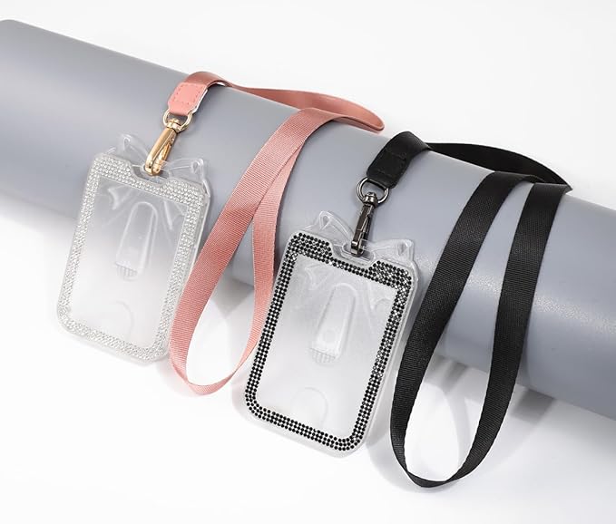 2 Pack Lanyards for id Badges Bling ID Badge Holder with Lanyard for Office, School, Cruise Cards,Travel (Transparent Black and White)