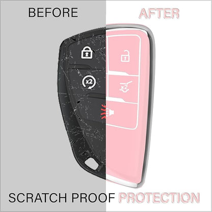 QBUC for Chevy Key Fob Cover with Keychain Soft TPU Protection Case Compatible with 2021-2026 Equinox Blazer Chevy Tahoe Suburban GMC Yukon Denali Silverado 5-Buttons(Chrome Trim Pink)