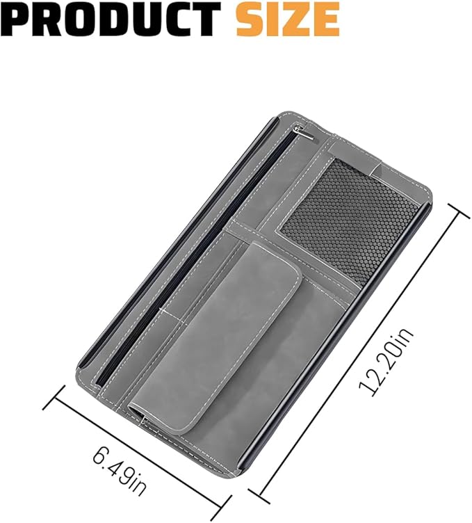 Car Sun Visor Organizer, Leather Vehicle Visor Card License Storage Pouch with Glasses Holder, Multifunctional Auto Interior Sunshade Document Pocket Organizer, Universal for Vehicles (Gray)
