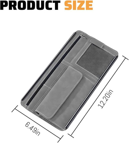 Car Sun Visor Organizer, Leather Vehicle Visor Card License Storage Pouch with Glasses Holder, Multifunctional Auto Interior Sunshade Document Pocket Organizer, Universal for Vehicles (Gray)