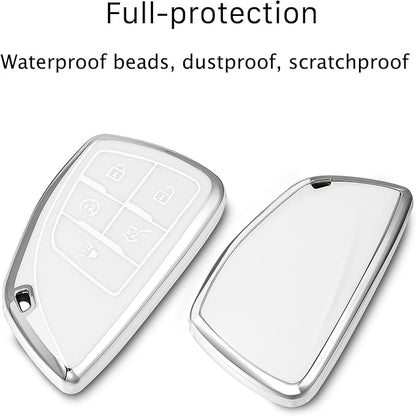 for Chevrolet Key fob Cover TPU Protective Key case,Compatible with 2023 2024 2025 GMC Silverado 1500 Sierra,2500HD 3500HD, Silicone ect Remote Smart Key (Silver White)