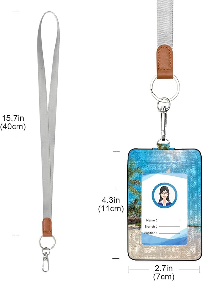 Badge Holder, Sea Beach PU Leather School College Business ID Badge Card Holder Wallet Case with 1 Clear Window, 2 Credit Card Slots and Detachable Neck Lanyard - Vertical