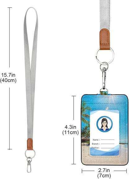 Badge Holder, Sea Beach PU Leather School College Business ID Badge Card Holder Wallet Case with 1 Clear Window, 2 Credit Card Slots and Detachable Neck Lanyard - Vertical