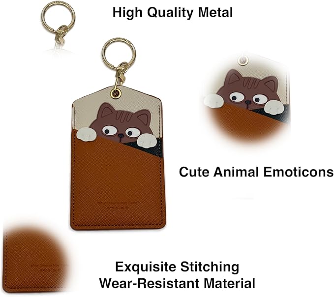 PU Leather ID Badge Holder with Keychain - Cartoon Animal Cute ID Badge Holder, 3 Card Slots for Professionals, Students, Nurse Officer, School Women Girls Boys (Brown)