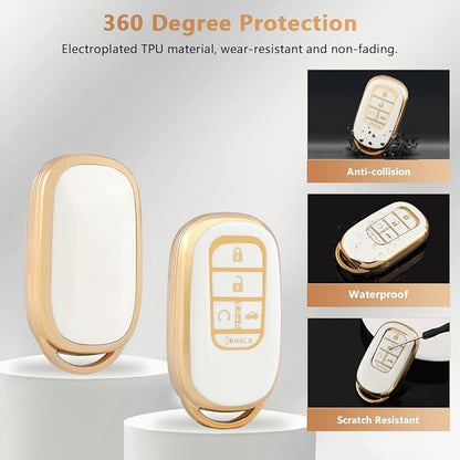 PIFOOG Key Fob Cover Fit for Honda 2025 2024 2023 CRV Civic Accord Pilot HRV 5 Button Car Smart Keys Shell Case with Bling Keychain Full Protector Accessories White Gold TPU Cute Girly Women