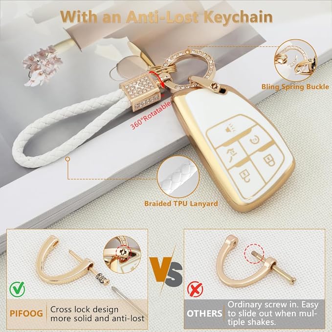 PIFOOG Key Fob Cover for Chevy Buick 5 Button Car Smart Keys Shell Case Glitter Key Chain Full Covers for GMC Sierra Silverado 1500 Envision Girl Women White Gold TPU