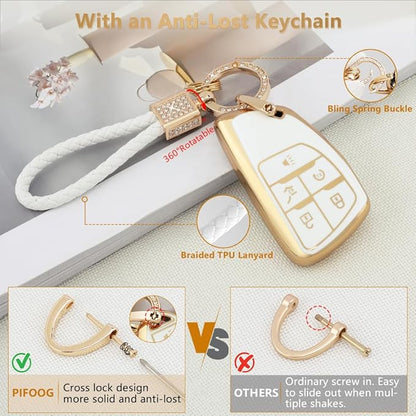 PIFOOG Key Fob Cover for Chevy Buick 5 Button Car Smart Keys Shell Case Glitter Key Chain Full Covers for GMC Sierra Silverado 1500 Envision Girl Women White Gold TPU