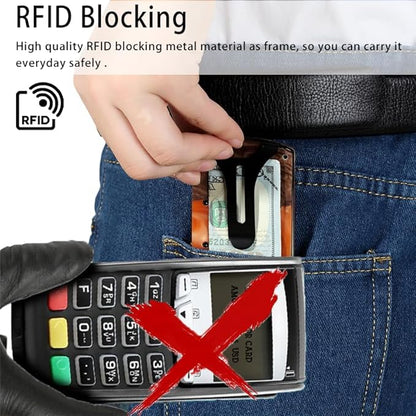 Wallet for Men, Minimalist Slim RFID Blocking Resin Wood Credit Card Holder with Money Clip, Easily Removable Cash&Card Metal Wallet,Resin River,Natuarl Walnut Wood,Unique Pattern,Gift for Men