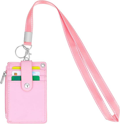 HASFINE ID Badge Holder with Lanyard,2 Sided 5 Card Slots ID Card Holder Wallet with PU Leather Zipper Pocket and Detachable Keychain Lanyard for Teens Women(Pink)