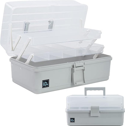 Creahaus 13 inch Art Craft Organizer Storage Box with 3 Layer, Multipurpose Plastic Tool Box with Handle for Sewing, Art Supply, Medicine, Nail, Hair Accessories (Grey)