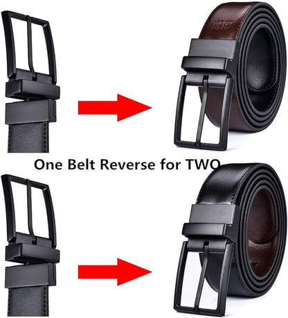 beltox fine Men's Dress Belt Leather Reversible 1.25" Wide Rotated Buckle Gift Box