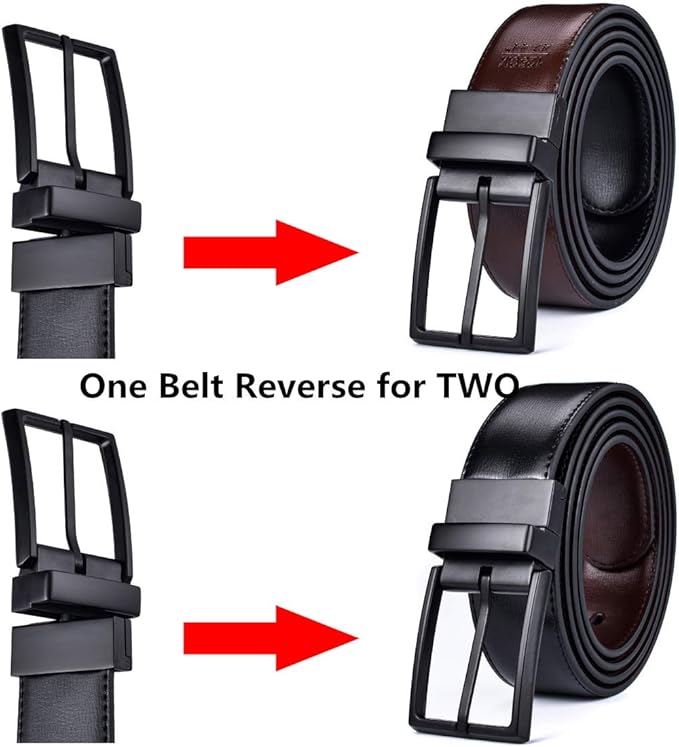 beltox fine Men's Dress Belt Leather Reversible 1.25" Wide Rotated Buckle Gift Box