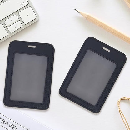 2PCS PU Leather Vertical Badge Holder Black Leather ID Card Case Waterproof Photocard Protector Sided Name Badge Pouch with Clear Window for Office Staff Students School Driver's Licenses