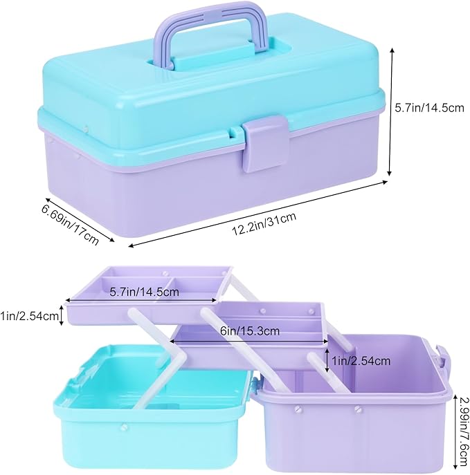 Sewing Box, 3-Layer Craft Organizers Portable Folding Toolbox, Plastic Tool Box with Handle for Sewing Supplies, Medicine, Art Supplies, Nails and Hair Accessories 12.5inch
