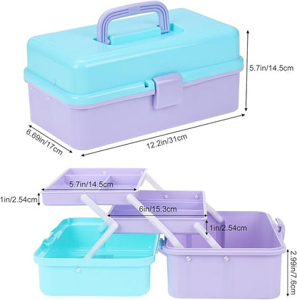 Sewing Box, 3-Layer Craft Organizers Portable Folding Toolbox, Plastic Tool Box with Handle for Sewing Supplies, Medicine, Art Supplies, Nails and Hair Accessories 12.5inch