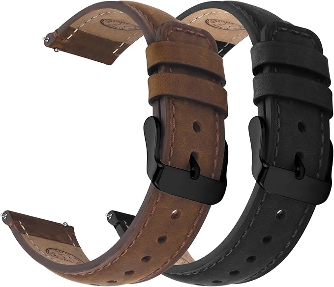 Fullmosa 18mm 20mm 22mm 24mm Leather Watch Bands, 2 Pack Soft Quick Release Watch Strap Compatible with Garmin Vivoactive 5/6/4/3, Venu 4/3S/2S, Samsung Galaxy Fossil Amazfit for Men Women,24mm Saddle Brown&Black/Black&Black