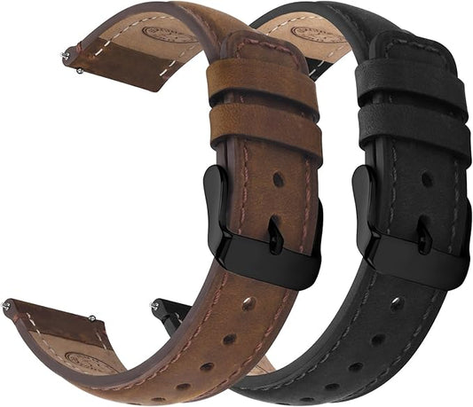 Fullmosa 18mm 20mm 22mm 24mm Leather Watch Bands, 2 Pack Soft Quick Release Watch Strap Compatible with Garmin Vivoactive 5/6/4/3, Venu 4/3S/2S, Samsung Galaxy Fossil Amazfit for Men Women,24mm Saddle Brown&Black/Black&Black