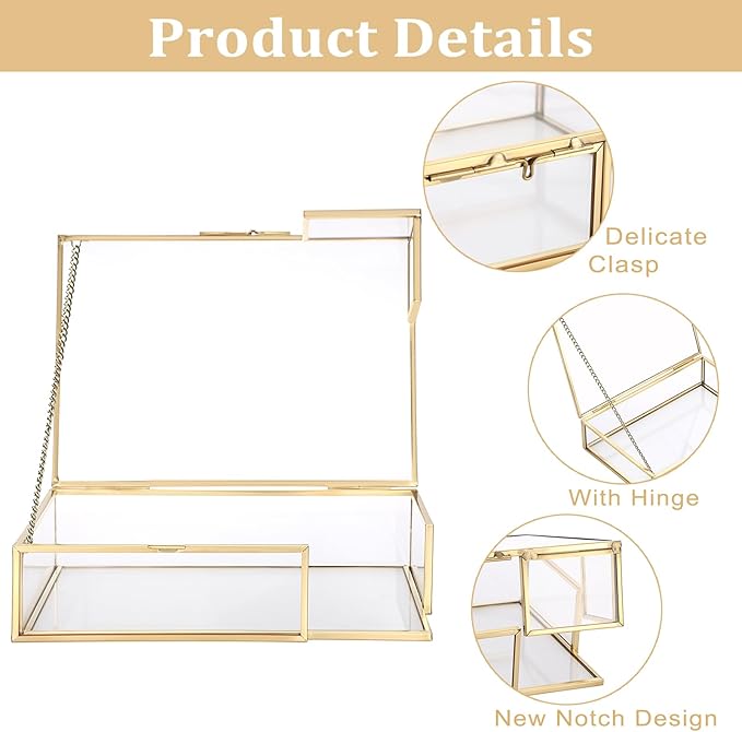 Hipiwe Gold Glass Photo Box,Vintage Photo Storage Organizer, Trinket Box Jewelry Display Organizer Keepsake Box Case Home Decor (Small)