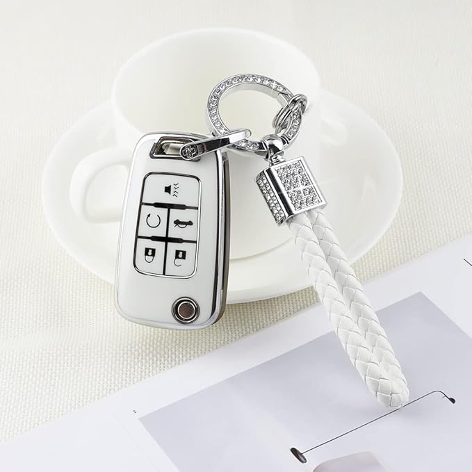 PIFOOG Key Fob Cover for Chevy 5 Button Keys Case Shell Protector TPU Soft Bling Car Keychain Accessories Fit for Equinox Cruze Malibu Camaro Sonic Trax Cute Girly Women White Silver