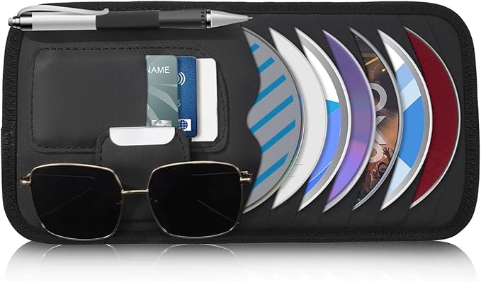 Black Car CD Holder, Leather Car Visor Organizer Sun Visor Case Holders Multi-Function DVD Vehicle Visors Storage Organizer Cars Visors Holders with Storage, Eyeglassclip, Card Slots & Pen