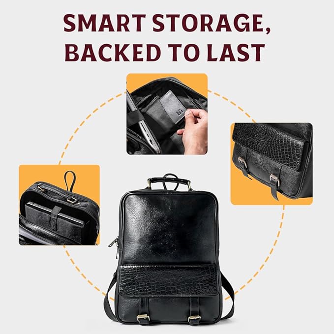 15.6" Luxury Black Leather Laptop Backpack for Men & Women. Leather Bag for Professional Use in Office & Business