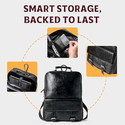 15.6" Luxury Black Leather Laptop Backpack for Men & Women. Leather Bag for Professional Use in Office & Business