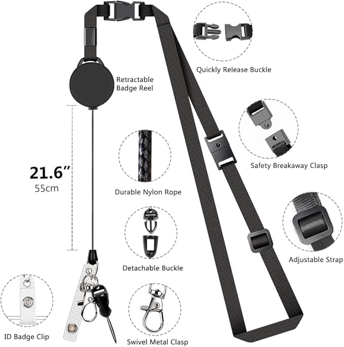 Leather Badge Holder and Adjustable Retractable Lanyards, Quick Release Buckle and Safety Breakaway Lanyards with Swivel Metal Clasp for Offices, Staff, Students, Employees