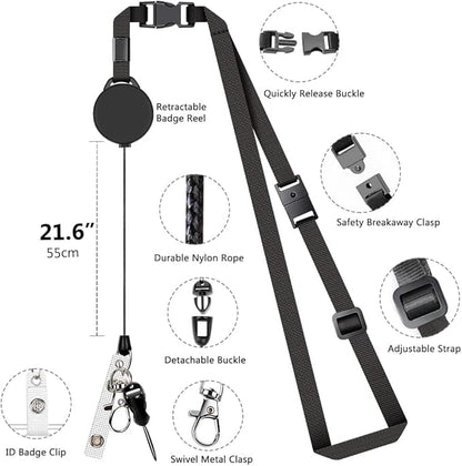 Leather Badge Holder and Adjustable Retractable Lanyards, Quick Release Buckle and Safety Breakaway Lanyards with Swivel Metal Clasp for Offices, Staff, Students, Employees