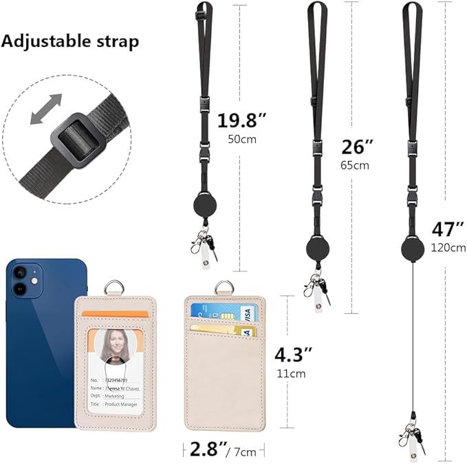 Leather Badge Holder and Adjustable Retractable Lanyards, Quick Release Buckle and Safety Breakaway Lanyards with Swivel Metal Clasp for Offices, Staff, Students, Employees