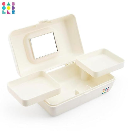 Caboodles Pretty in Petite Makeup Box, Two-Tone White on White, Hard Plastic Organizer Box, 2 Swivel Trays, Fashion Mirror, Secure Latch for Safe Travel