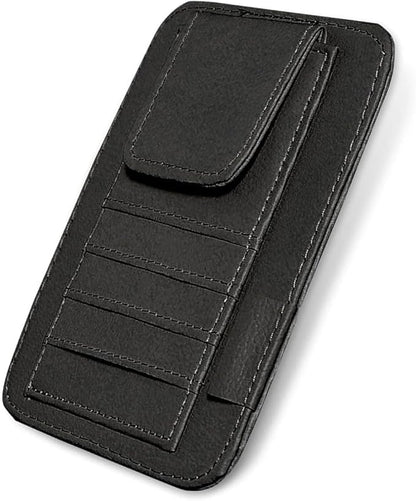 Small Leather Car Sun Visor Organizer, 4.9" x 6.1" Multifunctional Strap-On Document Sunshade Storage Holder for Card Pen Sunglasses License, Universal for Most Cars Trucks SUVs (Black)