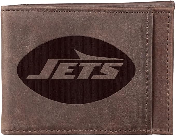 Team Sports America NFL New York Jets Front Pocket Slim Wallet for Men | Minimalist Leather RFID Blocking Bifold Card Holder with Money Clip | Officially Licensed Stamped Logo
