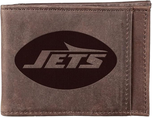 Team Sports America NFL New York Jets Front Pocket Slim Wallet for Men | Minimalist Leather RFID Blocking Bifold Card Holder with Money Clip | Officially Licensed Stamped Logo