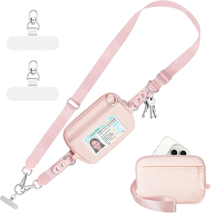 Tiostep Clip and Go Strap for Phone with Wallet Crossbody Phone Lanyard Adjustable and Detachable RFID Wristlet Wallet with ID Window and Zipper, Pink Large