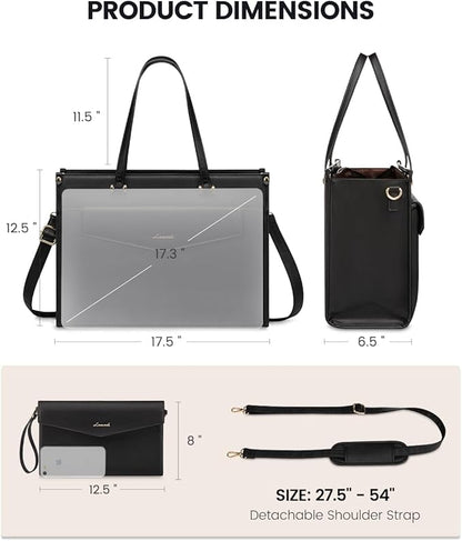 LOVEVOOK Laptop Bag for Women, 17.3'' Laptop Tote Purse 2-in-1 Professional Work Bag Business Briefcase with Clutch Purse, Waterproof Leather Computer Handbag for Teacher Office Travel