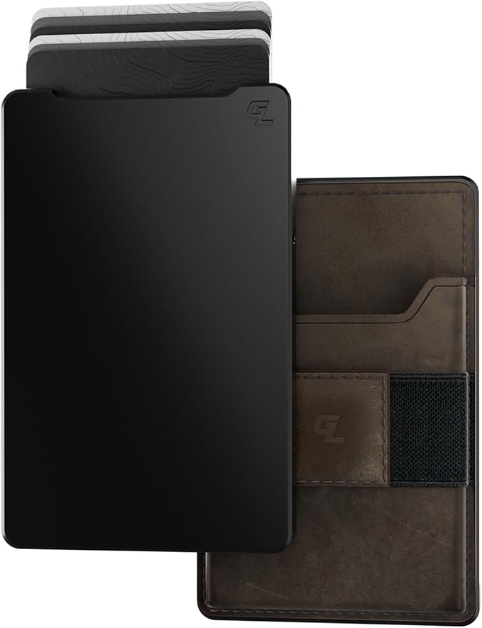 Groove Life Groove Magnetic Thumb Swipe Wallet Black/Brown Leather Go Mens Minimalist Aluminum Credit Card Holder with RFID Blocking, Genuine Leather Attachment