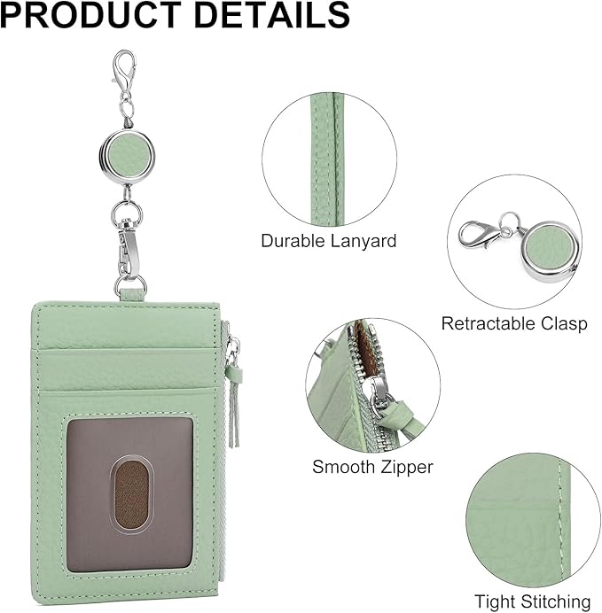 SENDEFN Retractable Badge Holder Wallet, Genuine Leather ID Card Holder with Removable Neck Lanyard Clasp, Five Card Slots, for Office Staff Women
