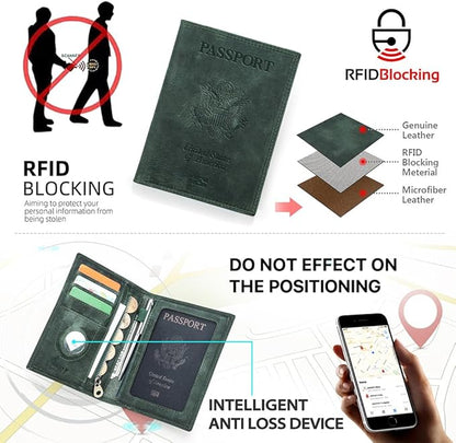 CONTACTS Full Grain Leather Passport Holder RFID Blocking Travel Passport Wallet Compatible with Airtag Passport Cover Case with 4 Card Slots, Coin Pocket (Badge, Green)